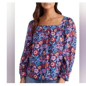Vineyard Vines Women XS Floral Square Neck Long Sleeve Cotton Modal Blouse Navy